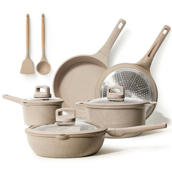 10 Piece Induction Stone Non-Stick Cookware Set - Taupe